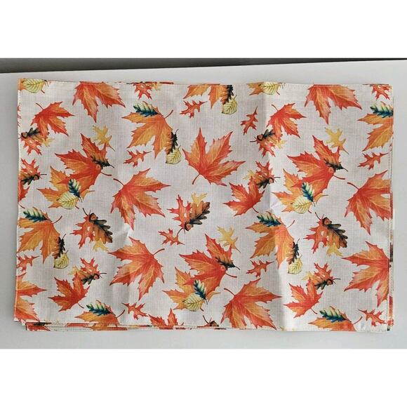 SET OF 4 THIN LINEN FABRIC PLACEMATS 12"x18", Fall Leaves w/orange back New - Picture 2 of 7
